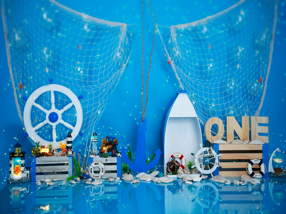 Fox Summer Voyage Blue Vinyl Backdrop for Boy One Year Birthday Designed by Maria Gabriela - Foxbackdrop