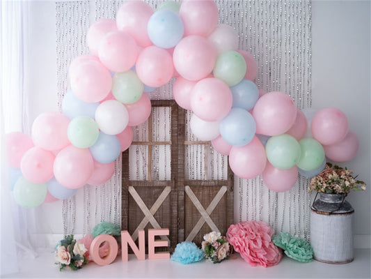 Fox Rolled Girl's Birthday Cake Smash Pink Balloons Vinyl Backdrop Design by Kali - Foxbackdrop