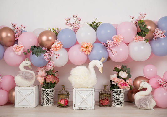 Fox Rolled Swan Birthday Balloon Flower Vinyl Backdrop Designed By Blanca Perez - Foxbackdrop