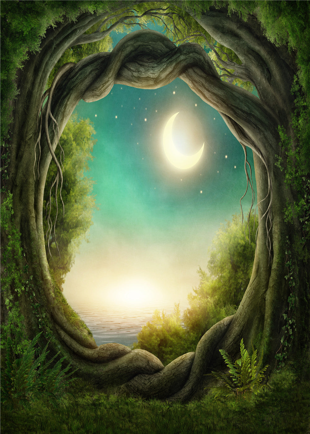 Fox Jungle Forest River Moon Vinyl Photos Backdrop - Foxbackdrop