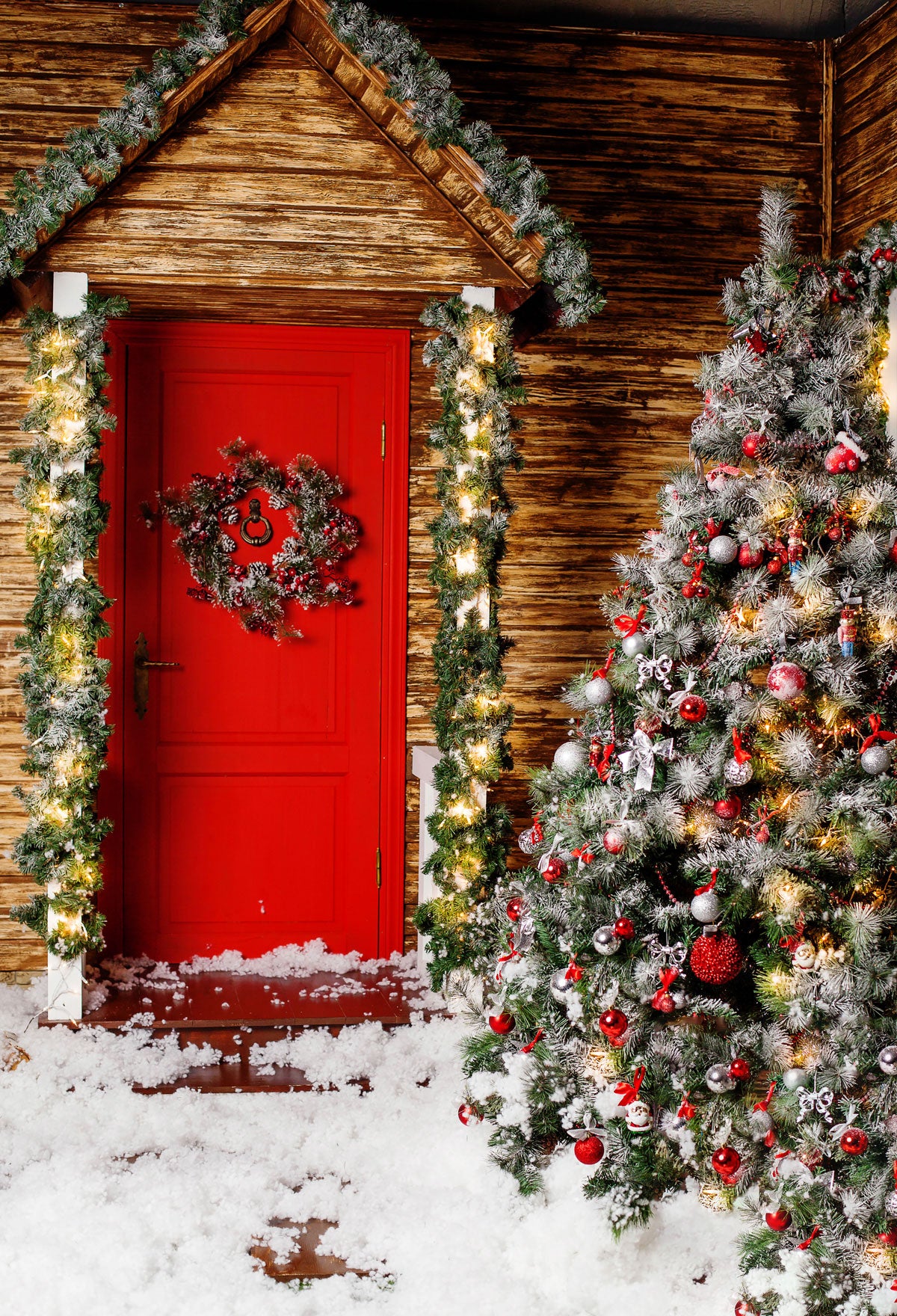 Fox Christmas Trees Wood House Snow Vinyl Backdrop - Foxbackdrop