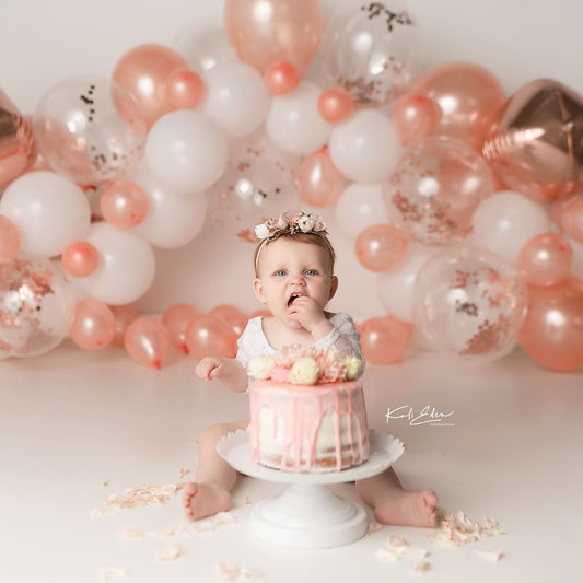 Fox Coral Balloons Vinyl Girl's Birthday Cake Smash Backdrop Design by Kali - Foxbackdrop