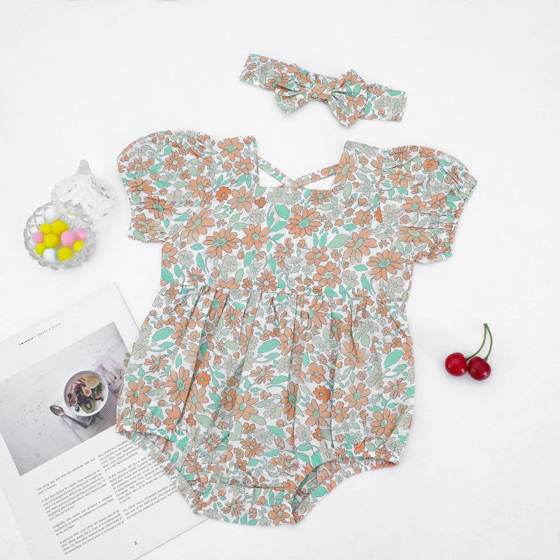 Fox 2pcs Printed Cotton Newborn One-piece Short-sleeved Triangle Romper Bag Fart