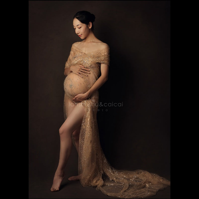 Fox 6 meters Bronzing Wrap Floating Yarn Mesh Maternity Dress for Photography