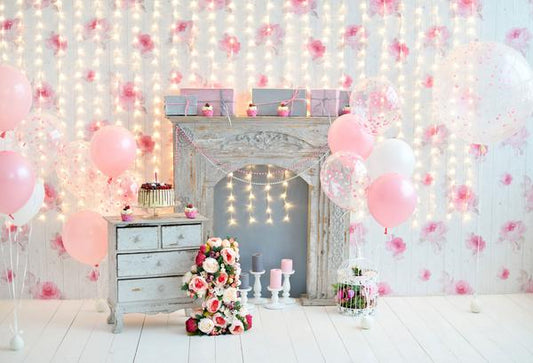 Fox Fireplace Pink Balloons Birthday Vinyl Backdrop - Foxbackdrop