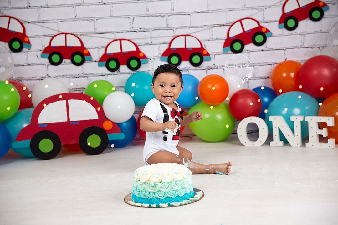Fox Rolled Colorful Balloons Red Cars Boy Birthday Vinyl Backdrop Designed By Blanca Perez - Foxbackdrop