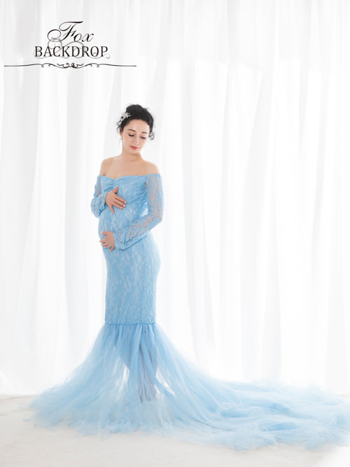 RTS Fox Sexy Mermaid Long Blue Lace Mermaid Maternity Dress for Photoshoot, Blue / M RTS Fox Sexy Mermaid Long Blue Lace Mermaid Maternity Dress for Photoshoot, Blue / M