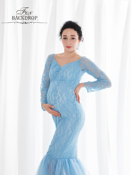 Fox Sexy Mermaid Long Blue Lace Mermaid Maternity Dress for Photoshoot - Foxbackdrop