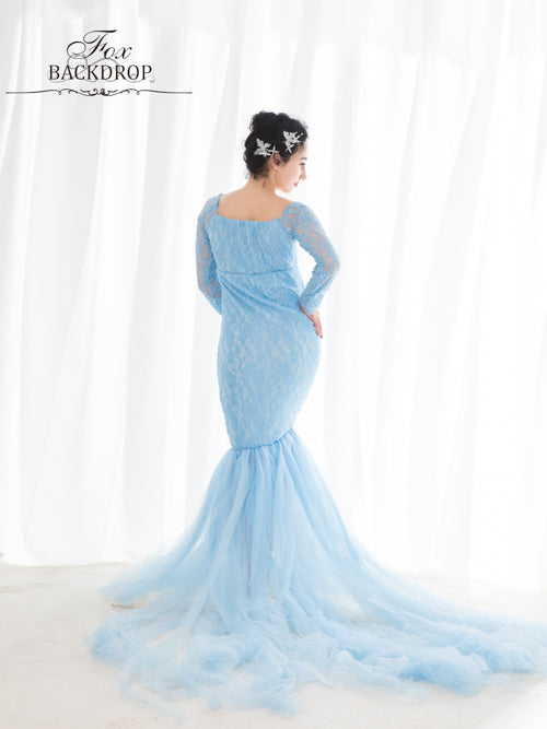 Fox Sexy Mermaid Long Blue Lace Mermaid Maternity Dress for Photoshoot - Foxbackdrop