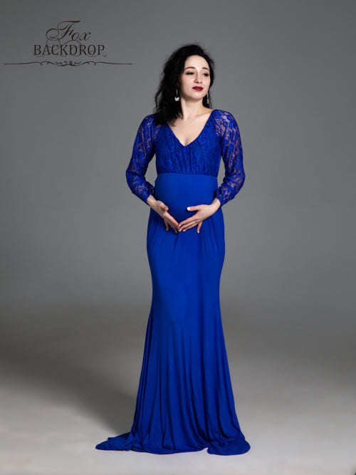 Fox Sexy Mermaid V Neck Long Chiffon Blue Lace Maternity Dress for Photoshoot - Foxbackdrop
