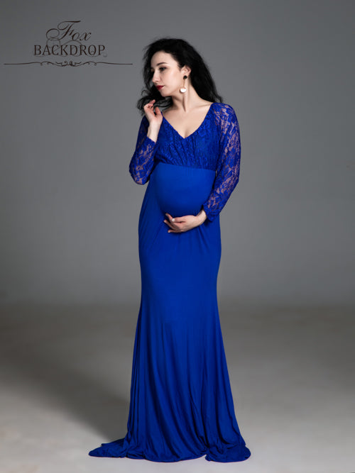 Fox Sexy Mermaid V Neck Long Chiffon Blue Lace Maternity Dress for Photoshoot - Foxbackdrop