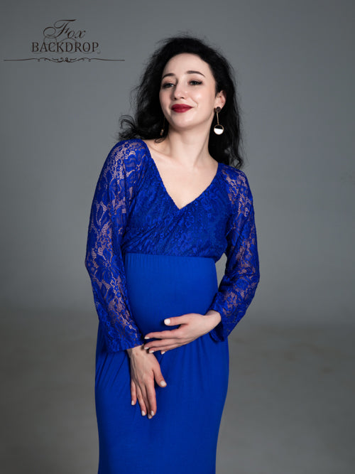 Fox Sexy Mermaid V Neck Long Chiffon Blue Lace Maternity Dress for Photoshoot - Foxbackdrop