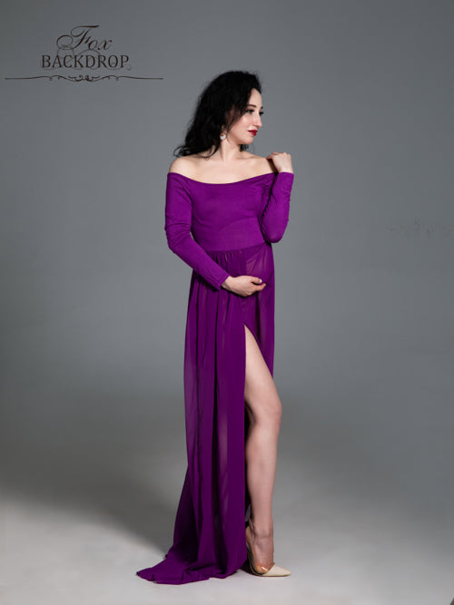 Fox Off the Shoulder Long Chiffon Purple Maternity Dress for Photography - Foxbackdrop