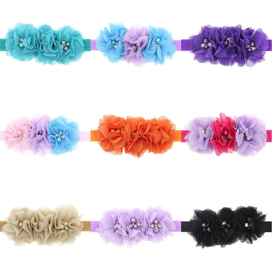 Fox Three Hand-stitched Flower Headband Pearl Chiffon Flower Elastic Headband