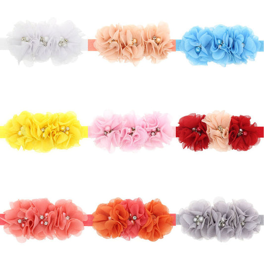 Fox Three Hand-stitched Flower Headband Pearl Chiffon Flower Elastic Headband