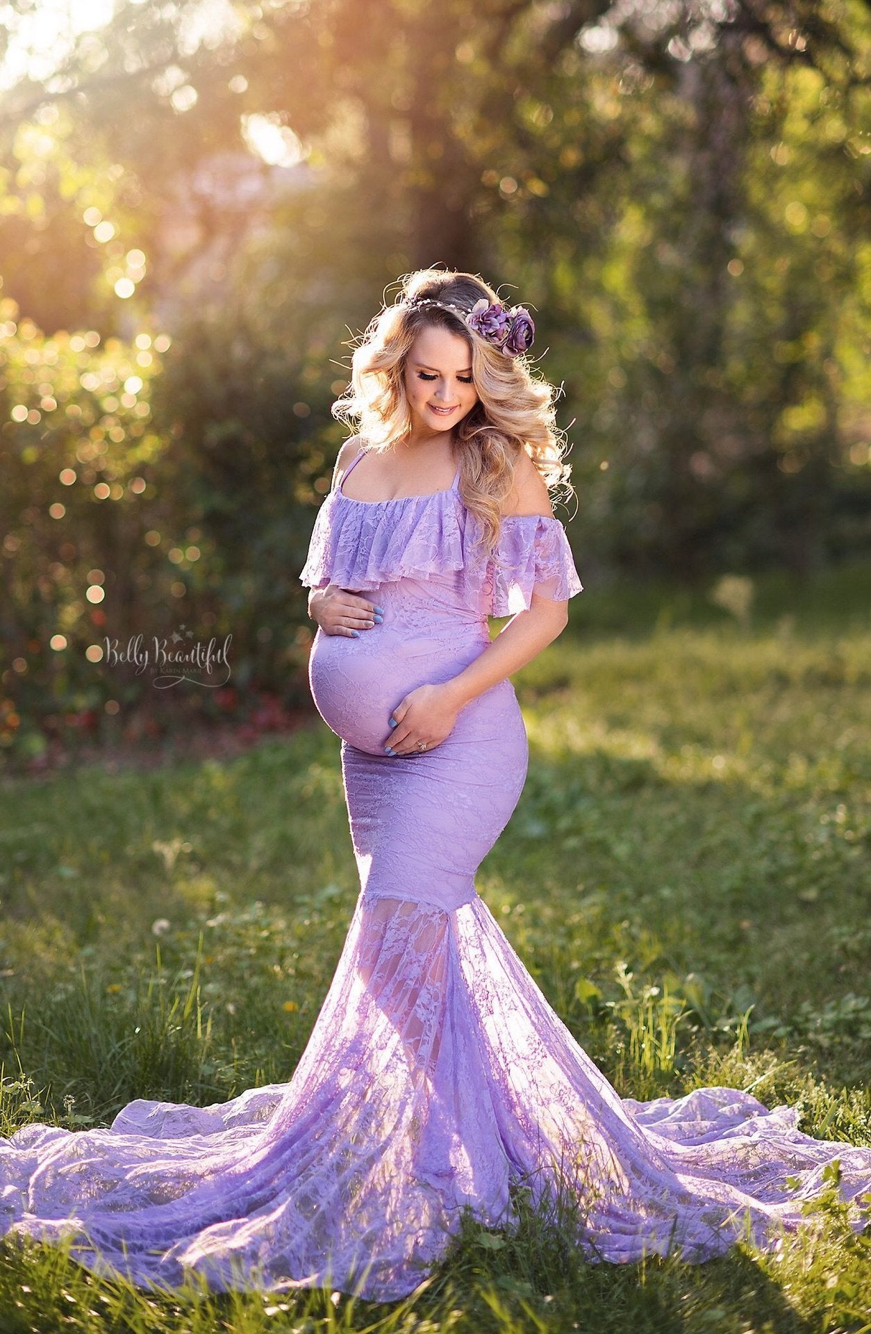 Fox Sexy Off the Shoulder Long Lilac Lace Maternity Dress for Photoshoot