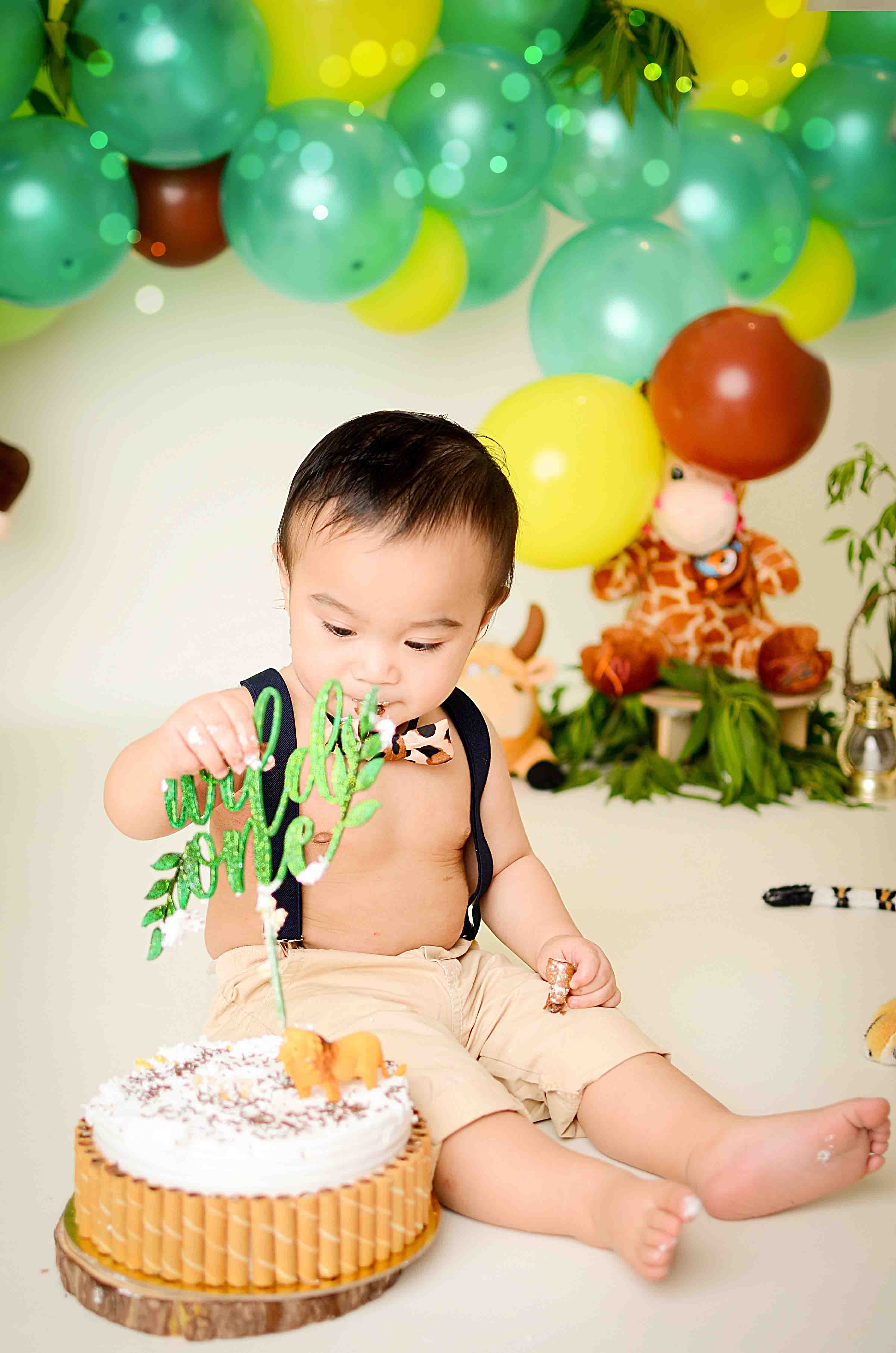 Fox Rolled Birthday Green Balloon Monkey One-year-old Vinyl Backdrop Designed By Mommy me - Foxbackdrop