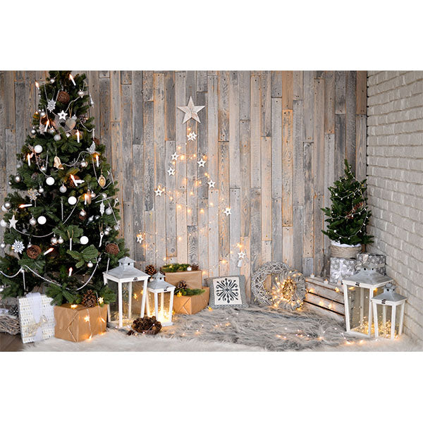 Fox Wood Christmas Tree Lights Vinyl Photography Backdrop - Foxbackdrop