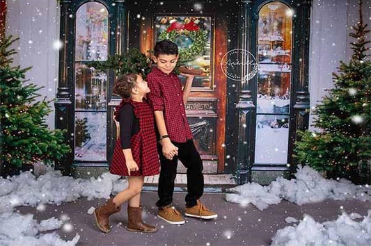 Fox Retro Christmas Front Door Vinyl Backdrop