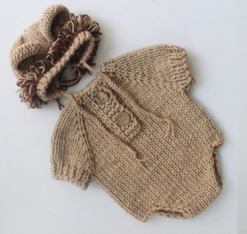 Fox Newborn Khaki Knit Outfit Clothes Hat with Clothes for Baby Photoshoot - Foxbackdrop