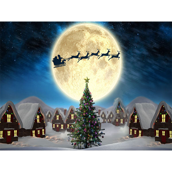 Fox Santa and Reindeer Snow Town Vinyl Christmas Backdrop - Foxbackdrop
