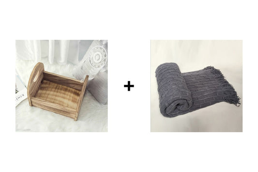 Warm up 2PCS Brown Wooden Prop Bed + 100x200cm Grey Swaddle Posing Wrap Photography Props