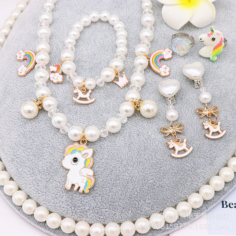 Fox 6PCS Children's Pearl Necklace Bracelet Set Unicorn Girls Baby Accessories