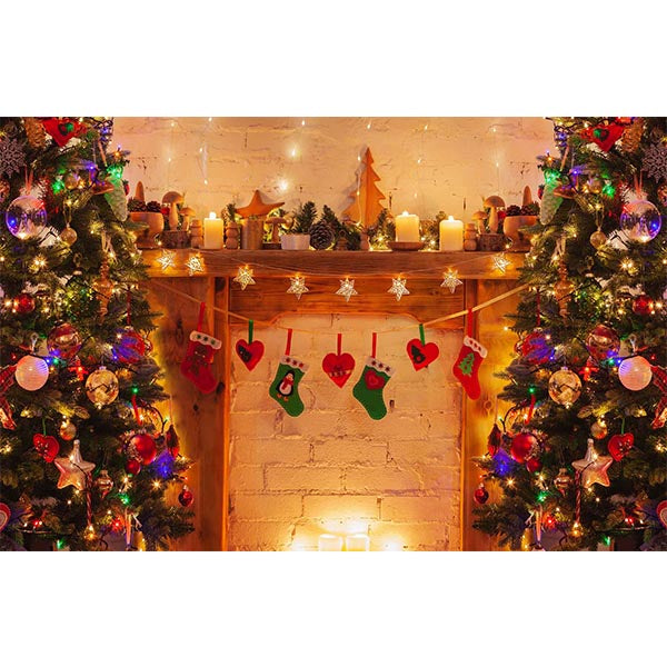 Fox Christmas Fireplace Trees Lights Vinyl Backdrop for Photography - Foxbackdrop
