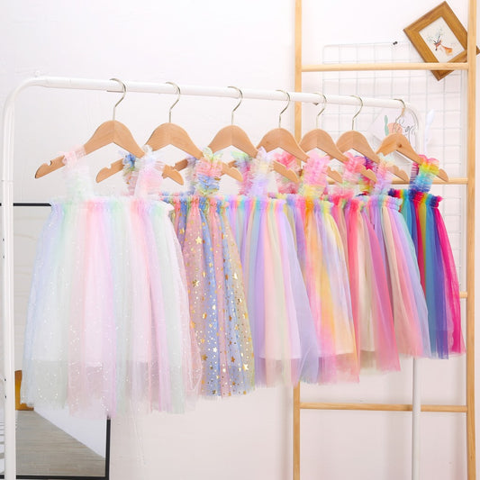 Fox Summer New Girls Suspenders Mesh Dress Princess Rainbow Tutu