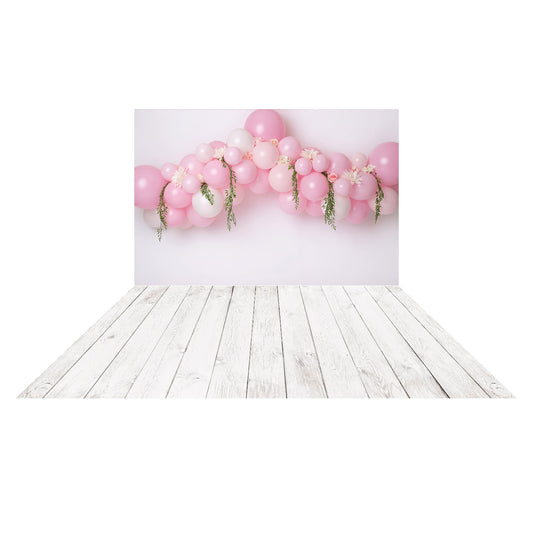 Fox Pink Balloons Vinyl Girl's Birthday Backdrop +White Wood Vinyl Backdrop floor drop combo set