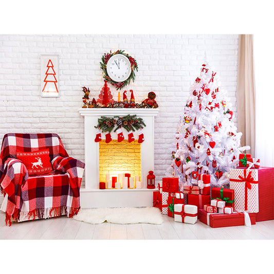 Fox Rolled Christmas Tree Gifts Fireplace Vinyl Backdrop - Foxbackdrop