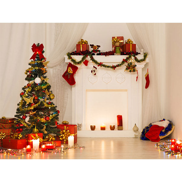 Fox Rolled Vinyl Christmas Tree Fireplace Candles Backdrop - Foxbackdrop