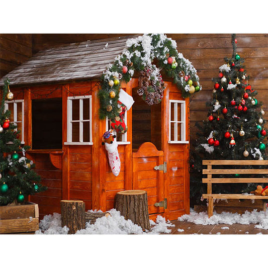 Fox Christmas Tree Snow Cabin Vinyl Photography Backdrop - Foxbackdrop