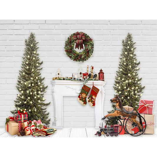 Fox Christmas Trees Vinyl Backdrop with Fireplace Gifts - Foxbackdrop