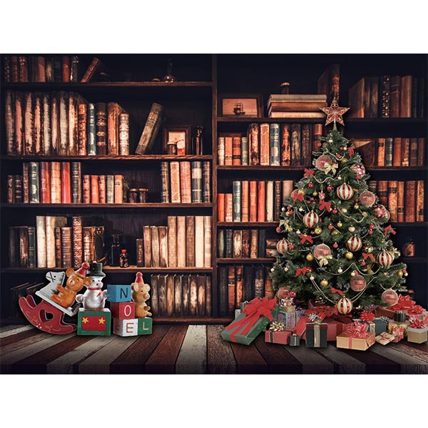 Fox Rolled Bookcase Christmas Tree Vinyl Backdrop - Foxbackdrop