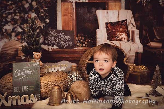 Fox Retro Christmas Brown Wood Vinyl Backdrop