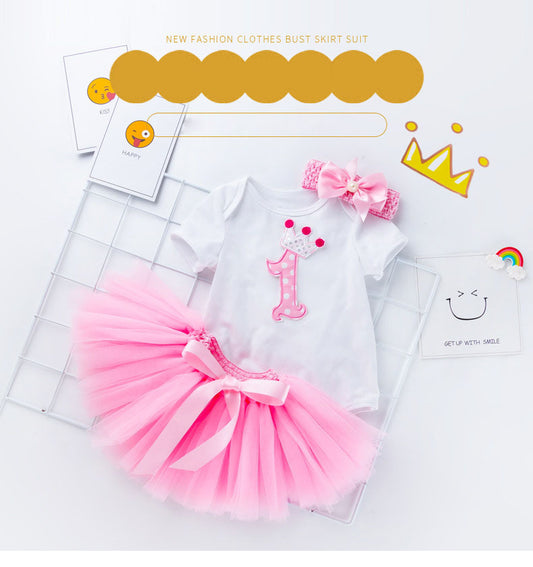 Fox 3pcs Baby Girl Festival Anniversary Summer Cartoon Short Sleeves Skirt Headdress