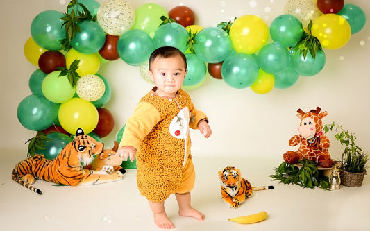 Fox Rolled Birthday Green Balloon Monkey One-year-old Vinyl Backdrop Designed By Mommy me - Foxbackdrop