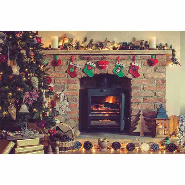 Fox Rolled Christmas Fireplace Vinyl Photography Backdrop - Foxbackdrop