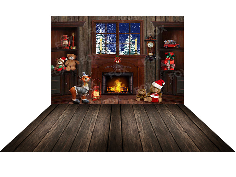 Fox Vinyl Christmas bear backdrop+ Vinyl dark wood floor drop combo set