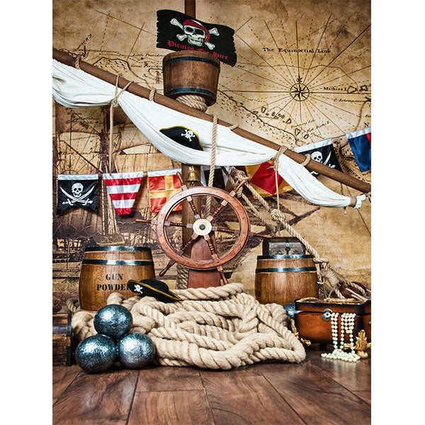 Fox Cartoon Pirates Ship Backdrop for Children Birthday Party Photography - Foxbackdrop