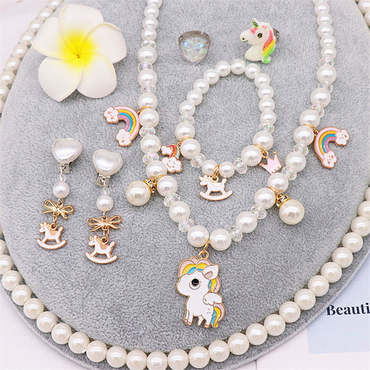 Fox 6PCS Children's Pearl Necklace Bracelet Set Unicorn Girls Baby Accessories