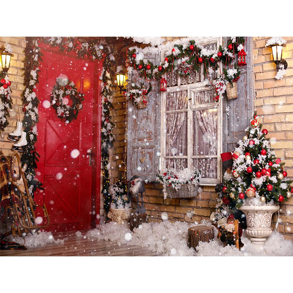 Fox Christmas Snow Front Door Vinyl Photography Backdrop - Foxbackdrop