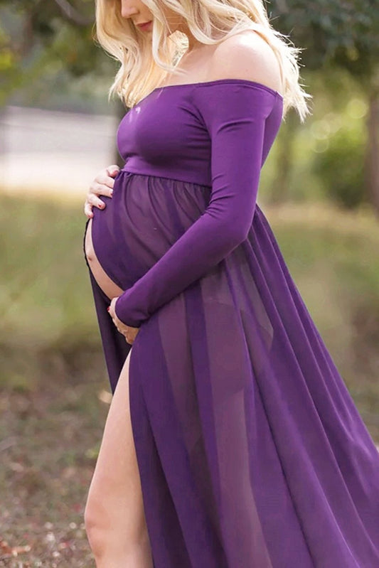 Fox Off the Shoulder Long Chiffon Purple Maternity Dress for Photography