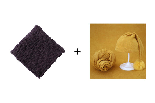 Warm up 2PCS Yellow 2set Bonnet with 40x170cm Posing Wrap + Dark Purple 50x50cm Posing Blankets Fabric