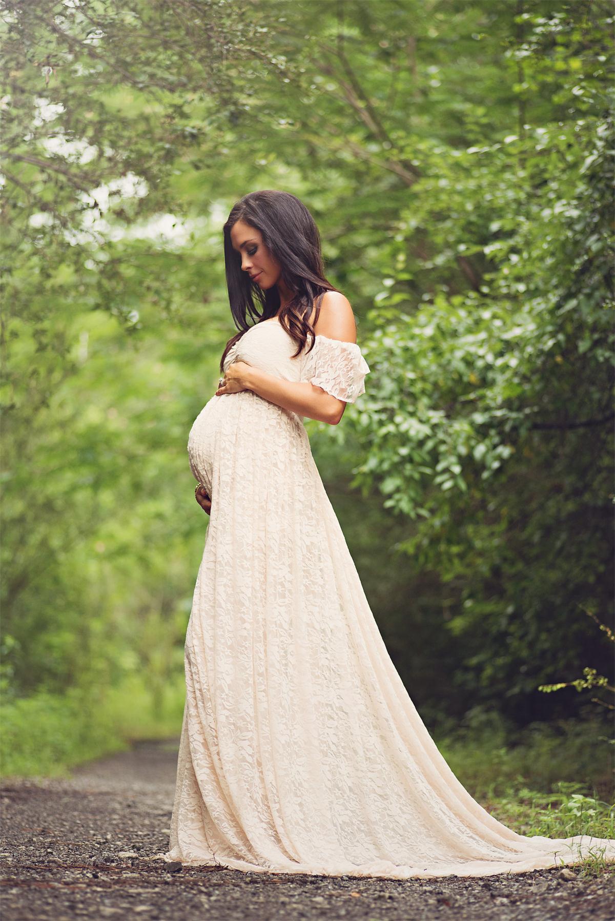 Fox Off the Shoulder Long Pink Lace Maternity Dress for Photography