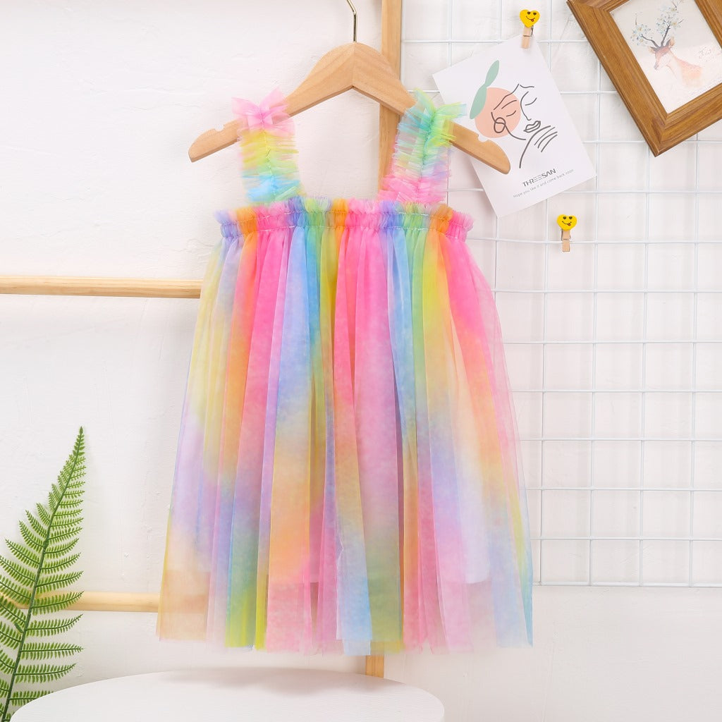 Fox Summer New Girls Suspenders Mesh Dress Princess Rainbow Tutu