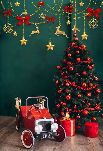 Fox Rolled Christmas Tree Gifts Red Car Vinyl Photography Backdrop - Foxbackdrop