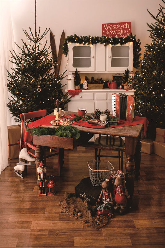 Fox Christmas Tree Dining Table Vinyl Backdrop Designed by Magda