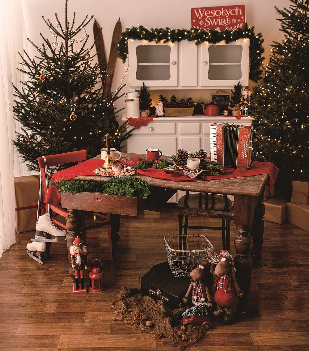 Fox Christmas Tree Dining Table Vinyl Backdrop Designed by Magda